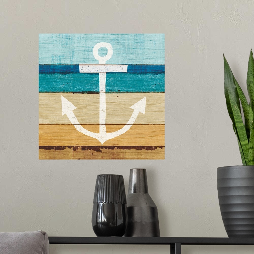 A modern room featuring White anchor on a blue and brown painted wood background.