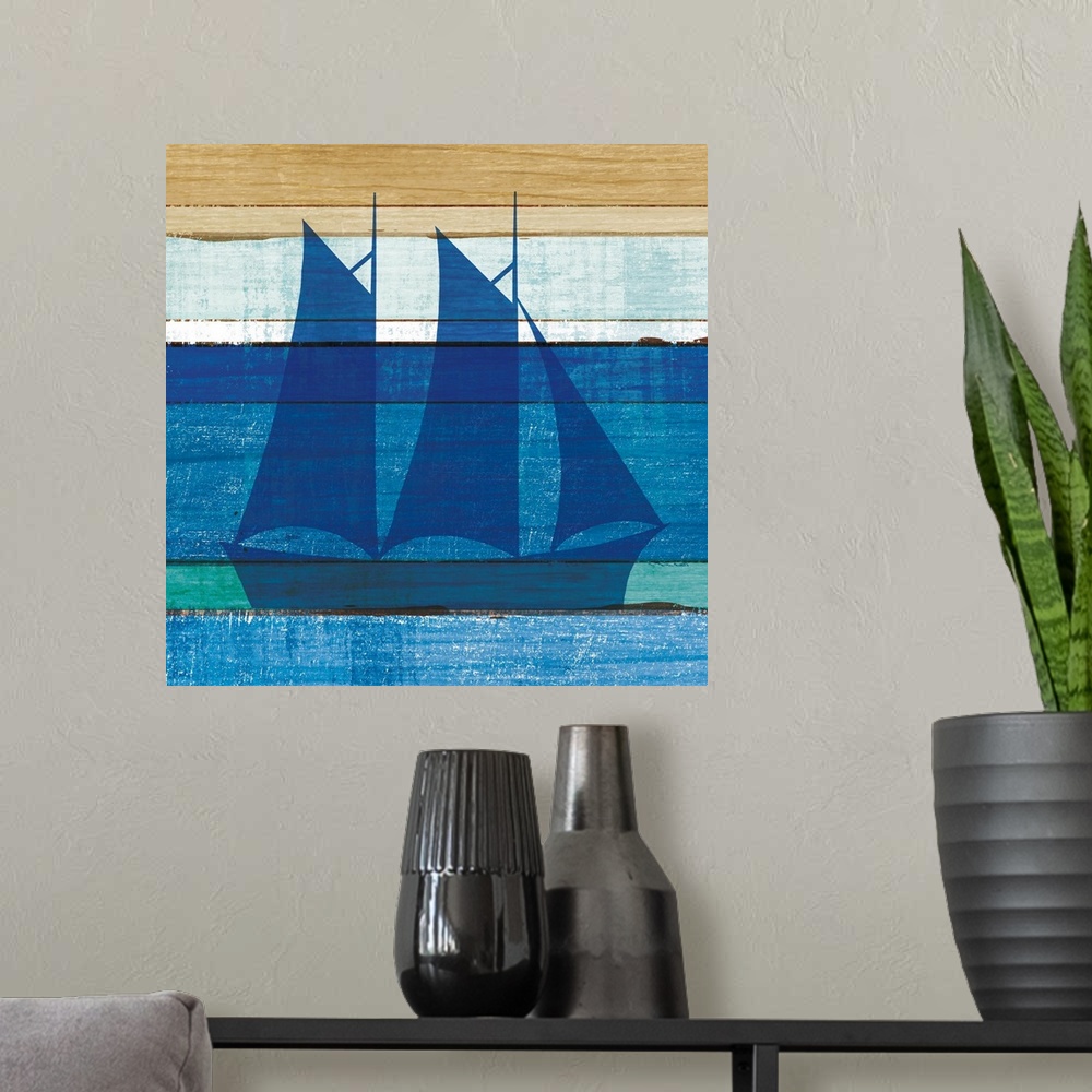 A modern room featuring Blue sailboat on a blue and brown painted wood background.