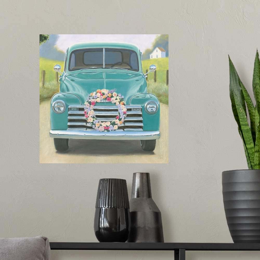 A modern room featuring Square contemporary painting of a vintage teal truck with a wreath of flower on the front.