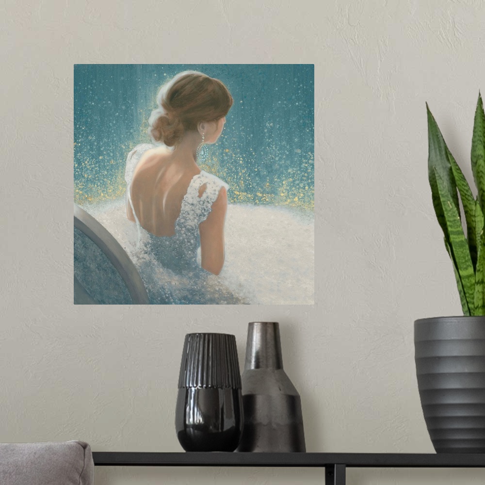 A modern room featuring A contemporary painting of a woman seen seated wearing a light blue ball gown in a glittering blu...