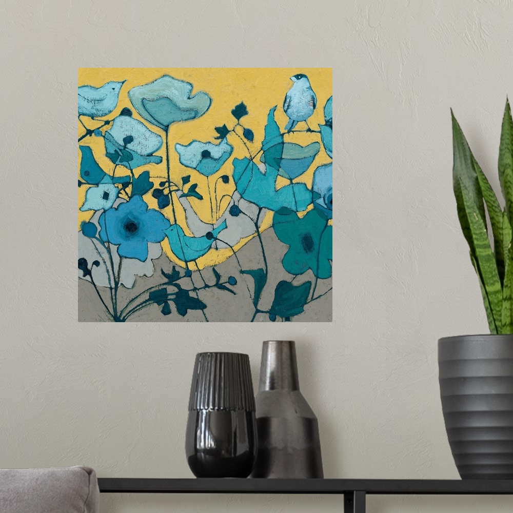 A modern room featuring Painting of a bird hiding among blue flowers.