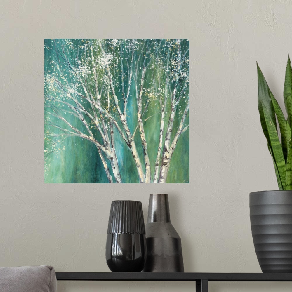 A modern room featuring Painting of a white birch tree against a teal background.