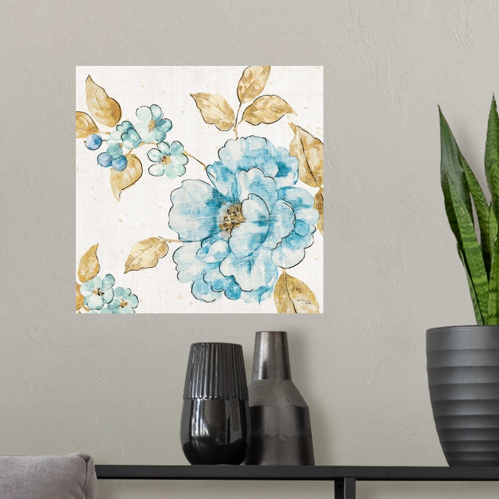 A modern room featuring Square blue floral painting with gold leaves and stems.