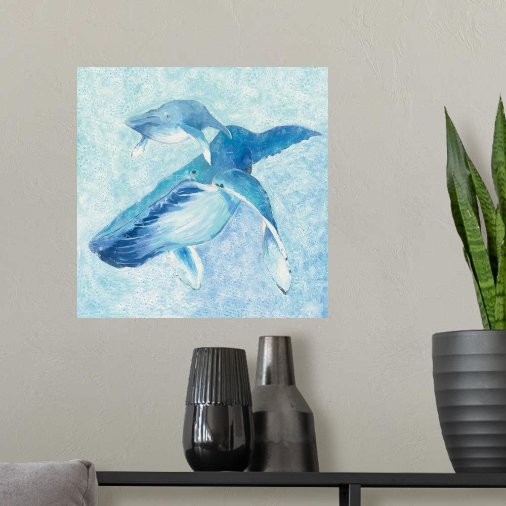 A modern room featuring Contemporary square painting of a whale and her calf in different shades of blue.