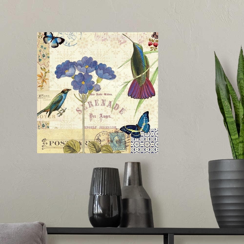 A modern room featuring A contemporary piece of artwork of a collage images. Including a bird with butterflies and blue f...