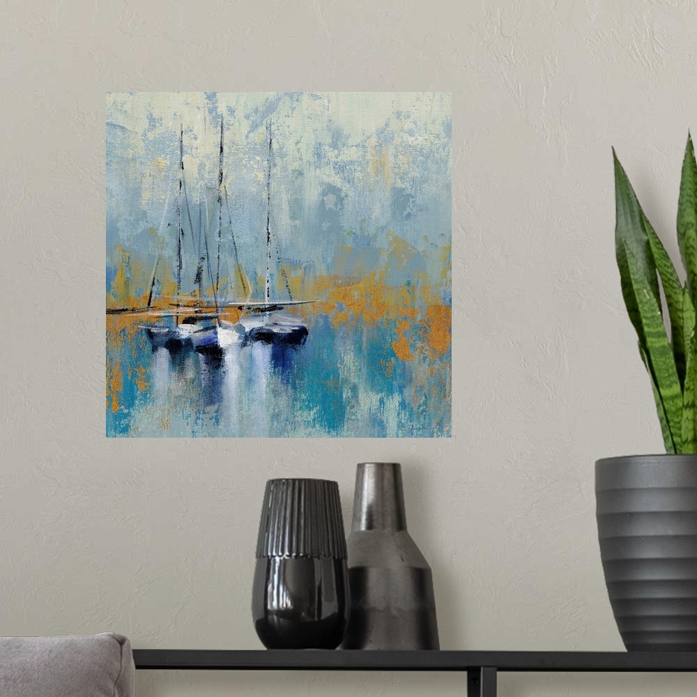 A modern room featuring A square abstract painting of sail boats in a harbor in textured brush strokes of blue and gold.