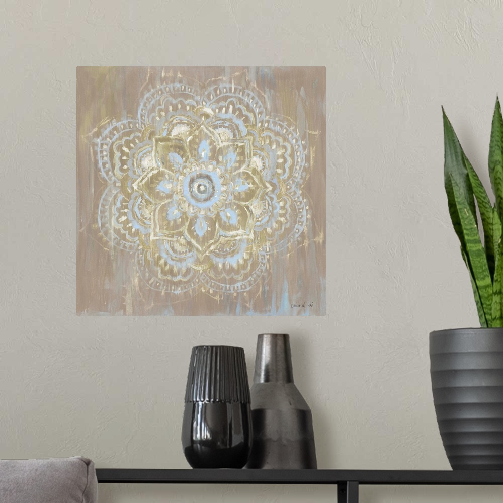 A modern room featuring Square decorative artwork of a Mandala style circle on a textured brown background.