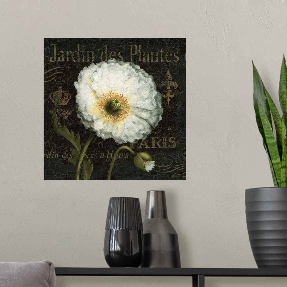 A modern room featuring Contemporary artwork of a white flower against a text background.