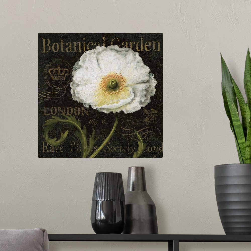 A modern room featuring Contemporary artwork of a white flower against a text background.