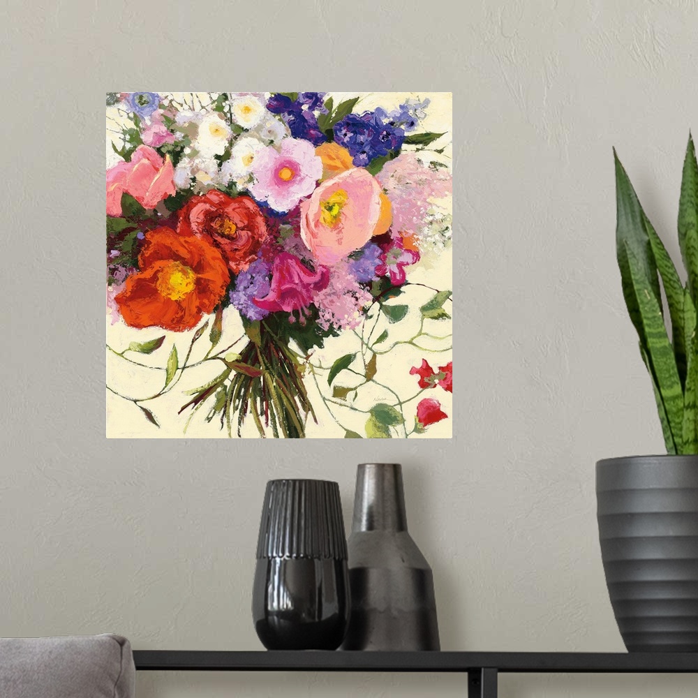 A modern room featuring Square painting of a bouquet of Spring flowers on a cream background.
