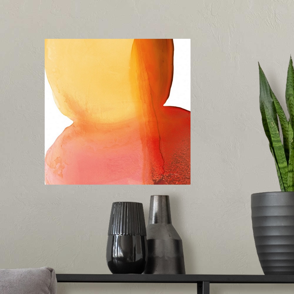 A modern room featuring An organic contemporary painting of large, rounded orange shapes on a white background