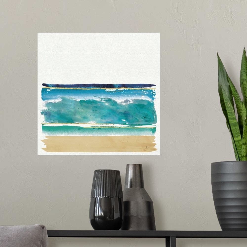 A modern room featuring Watercolor painting of the ocean and sandy beach.