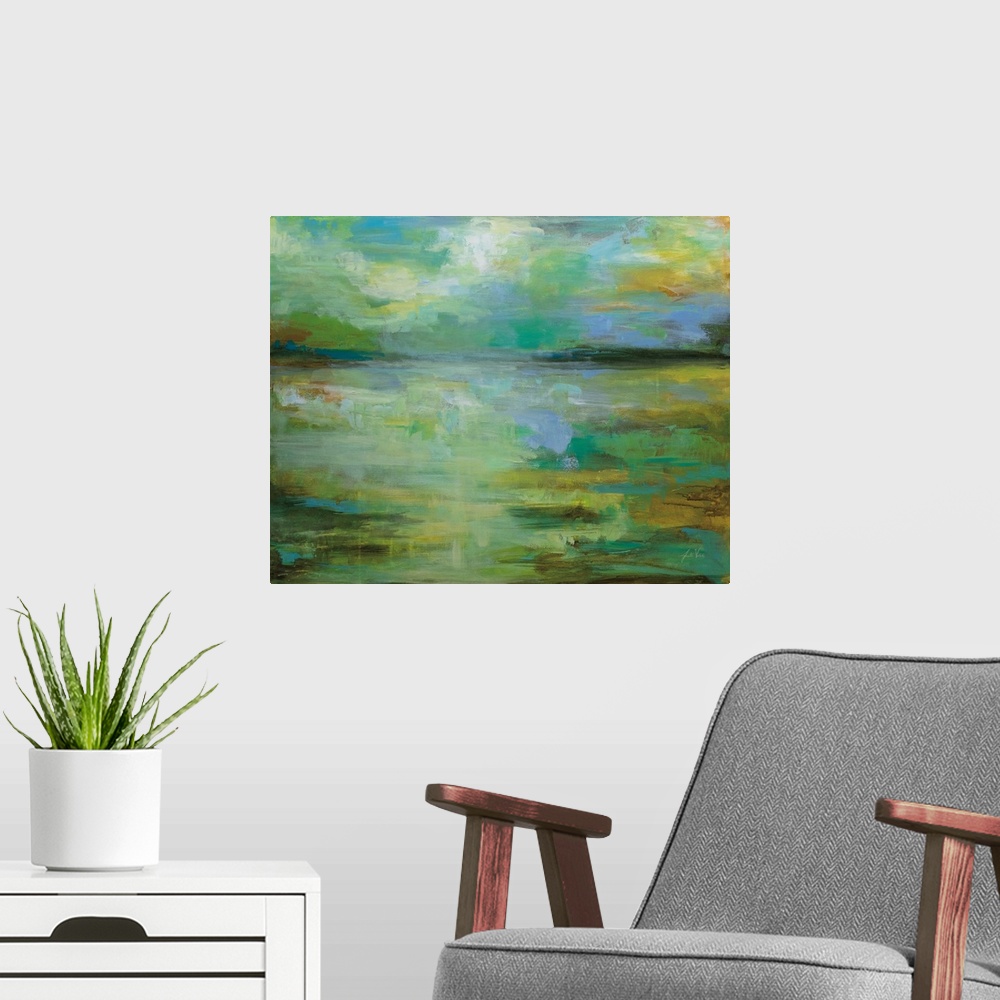 A modern room featuring Contemporary painting of a stream running through a landscape.