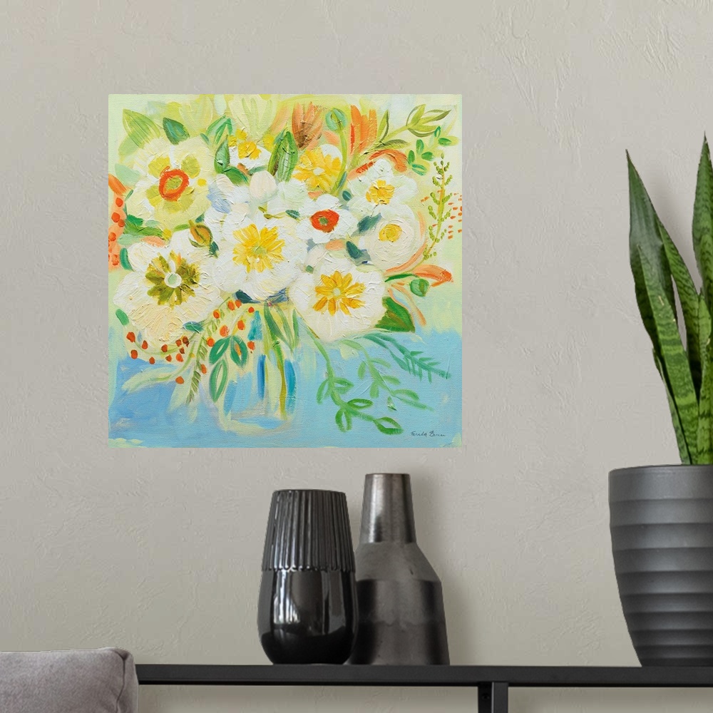 A modern room featuring Square painting of an abstract bouquet of flowers in a vase with bright yellow, orange, blue, and...