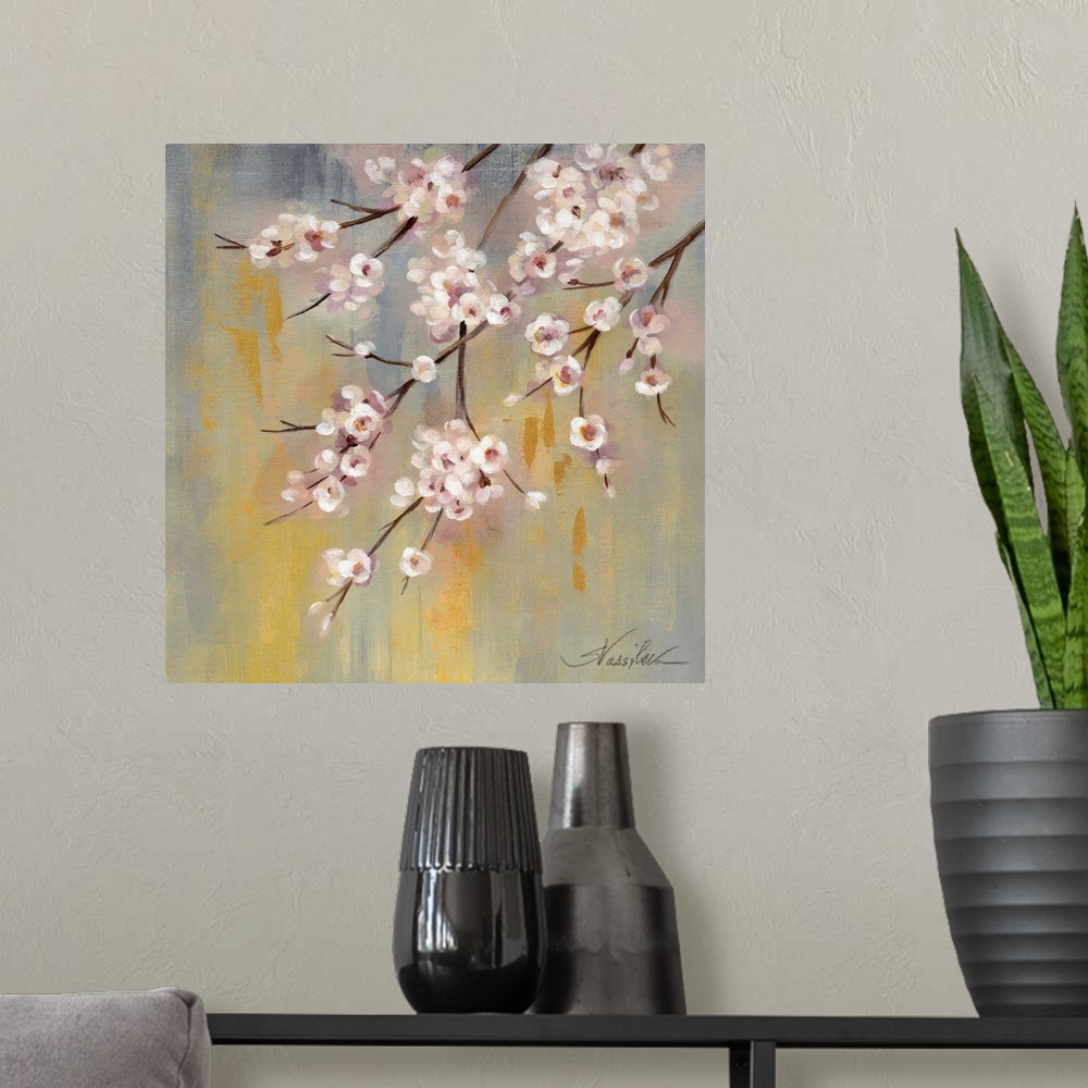 A modern room featuring Contemporary painting of branches with pink cherry blossoms.