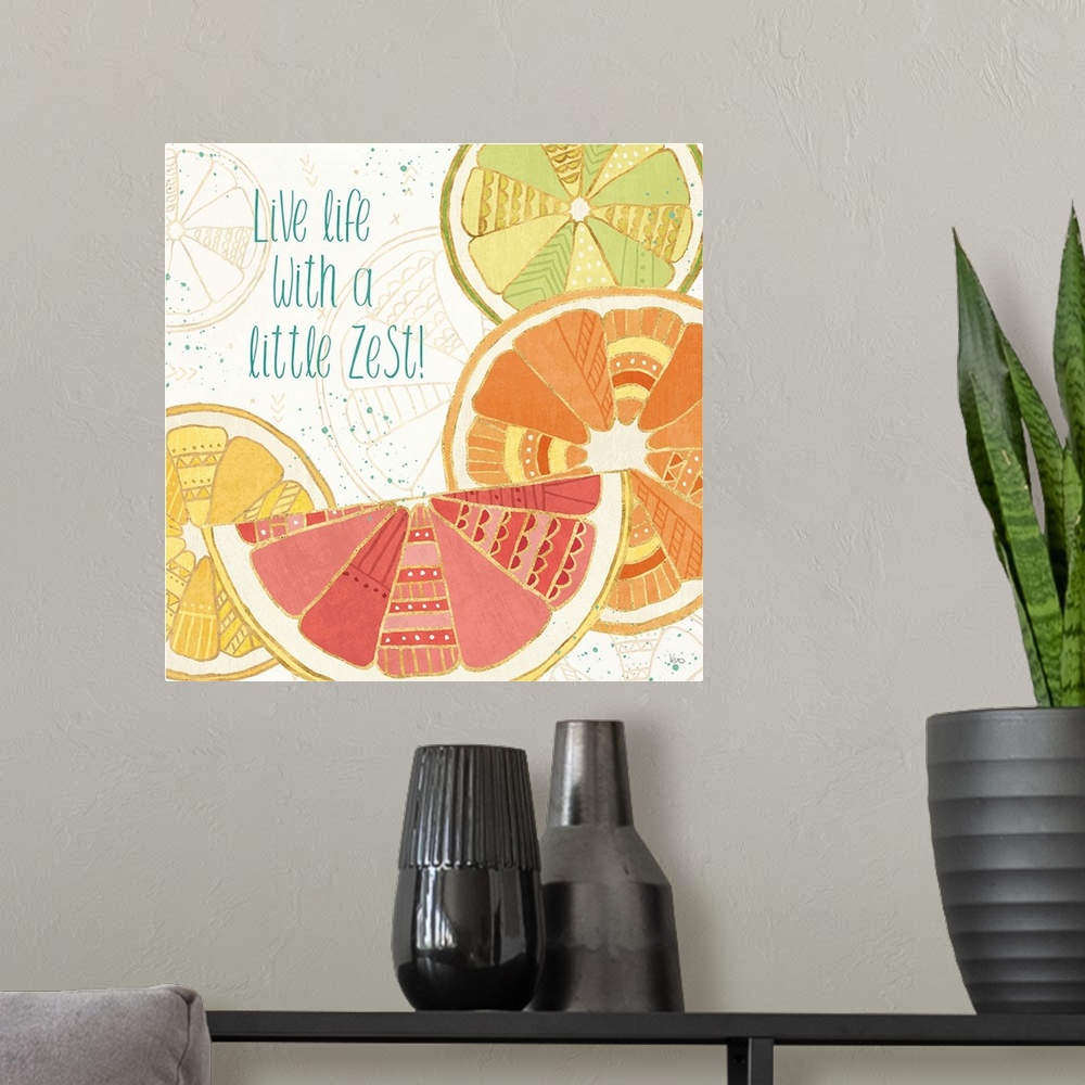 A modern room featuring Decorative colorful artwork of sliced fruits with geometric designs and the phrase, 'Live life wi...