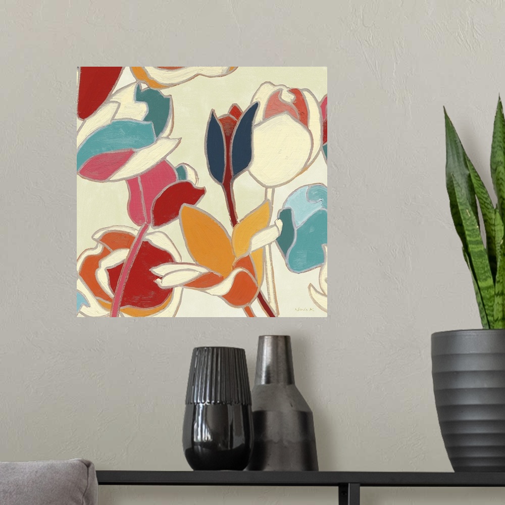 A modern room featuring Contemporary artwork of garden flowers in a retro colors and bold gilded outlines.