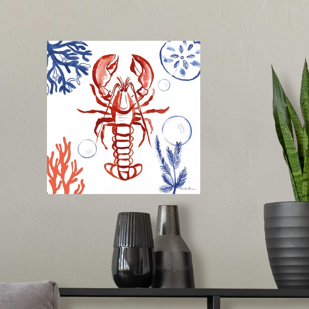 A modern room featuring Square beach decor in coral, red, blue, and white hues with a lobster in the center surrounded by...