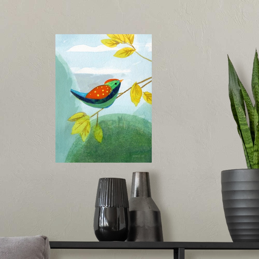 A modern room featuring Colorful Birds I