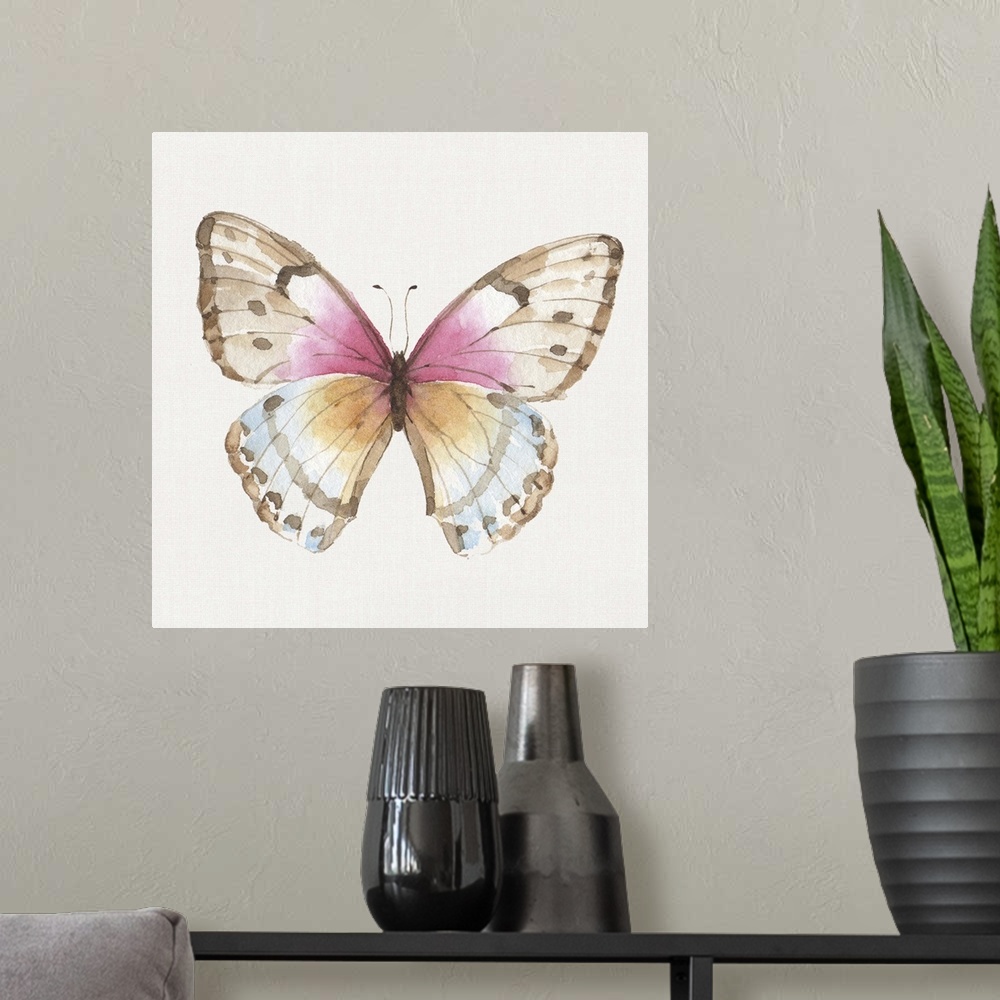 A modern room featuring Contemporary artwork of a butterfly with pink, blue and orange in the wings.