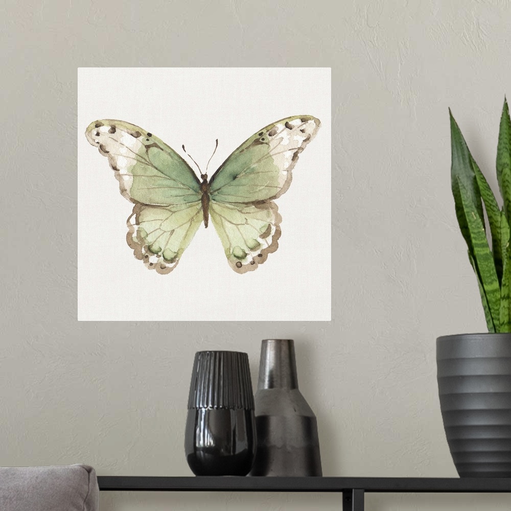 A modern room featuring Contemporary artwork of a butterfly with green wings.