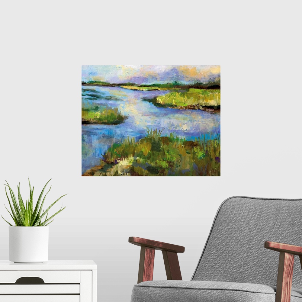 A modern room featuring Contemporary landscape painting of a stream running through a marsh.