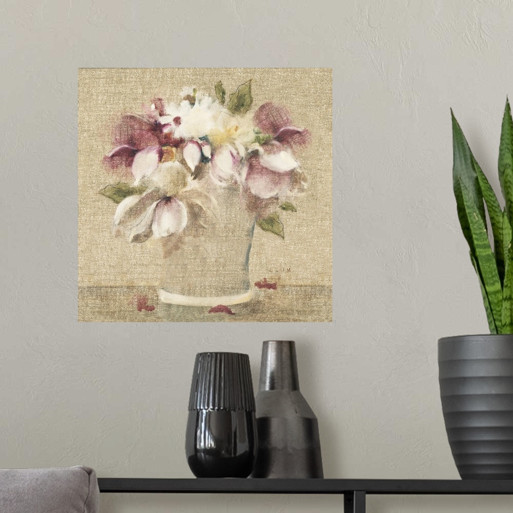 A modern room featuring A square contemporary painting of a bouquet of flowers in muted colors and a textured finish.
