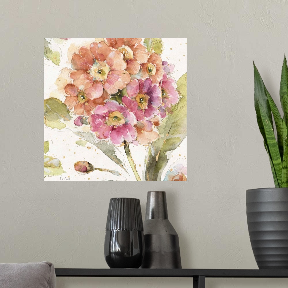 A modern room featuring Floral square watercolor painting with metallic gold highlights on a white background with gold p...