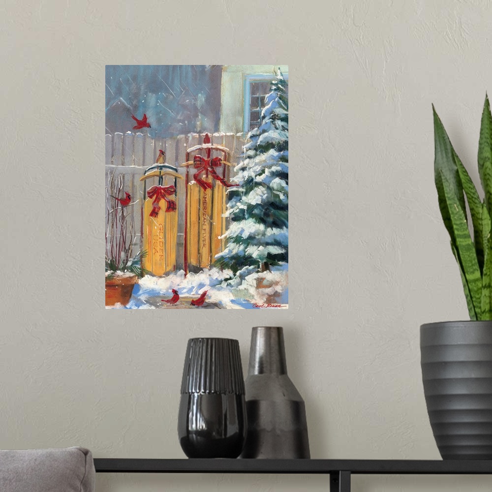 A modern room featuring Contemporary painting of an idyllic winter scene, depicting two sleds leaning up against a fence,...