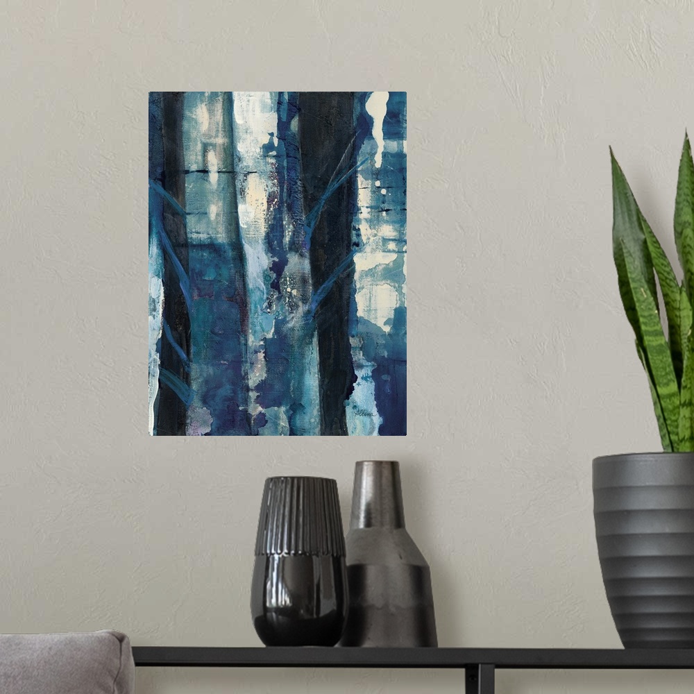 A modern room featuring Vertical abstract painting of textured roughed vertical lines in shades of blue.