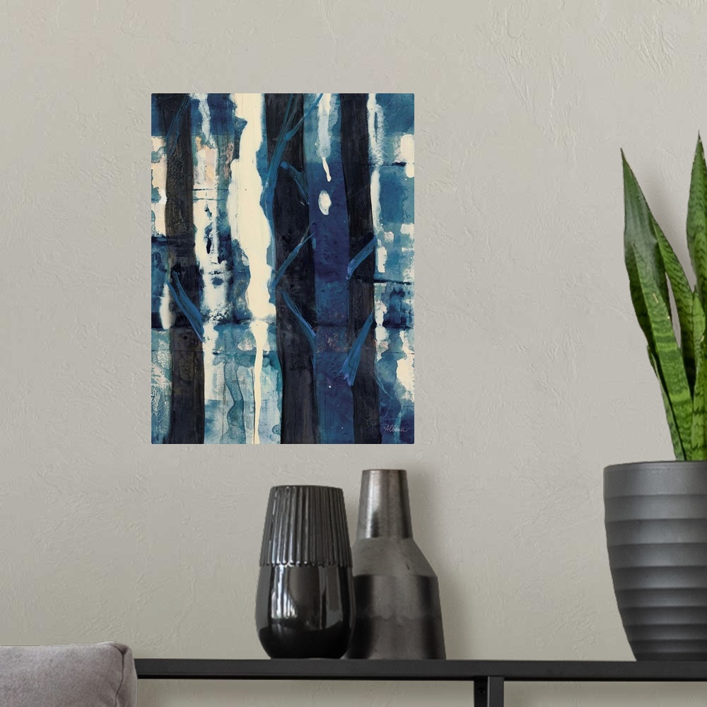 A modern room featuring Vertical abstract painting of textured roughed vertical lines in shades of blue.