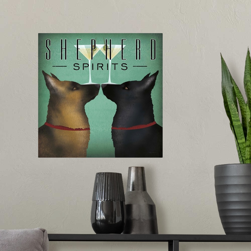 A modern room featuring Square illustration of two shepherd dogs balancing martinis on their noses with "Shepherd Spirits...