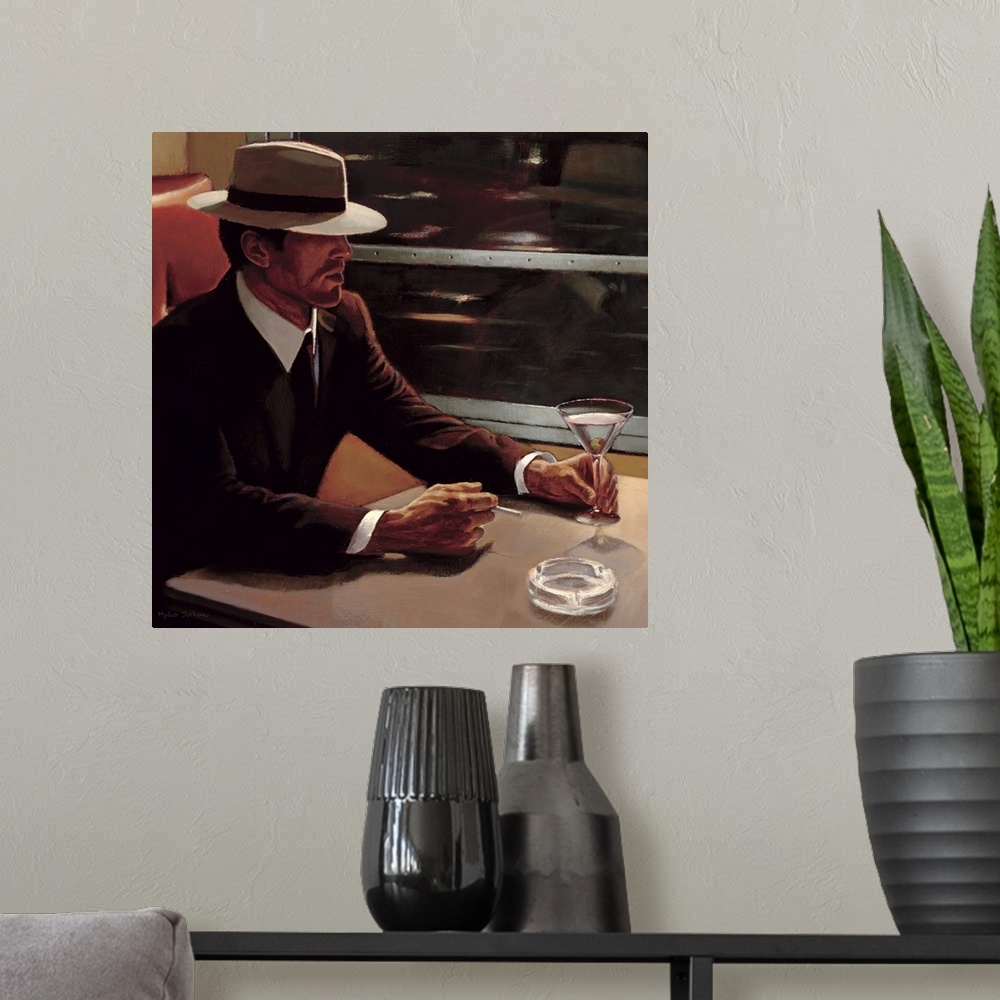 A modern room featuring Contemporary artwork of a man as he sits in a booth drinking a martini and smoking a cigarette.