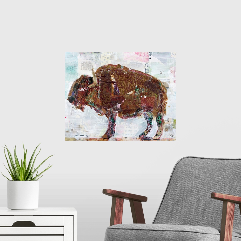 A modern room featuring Large abstract art of a buffalo created with mixed media.