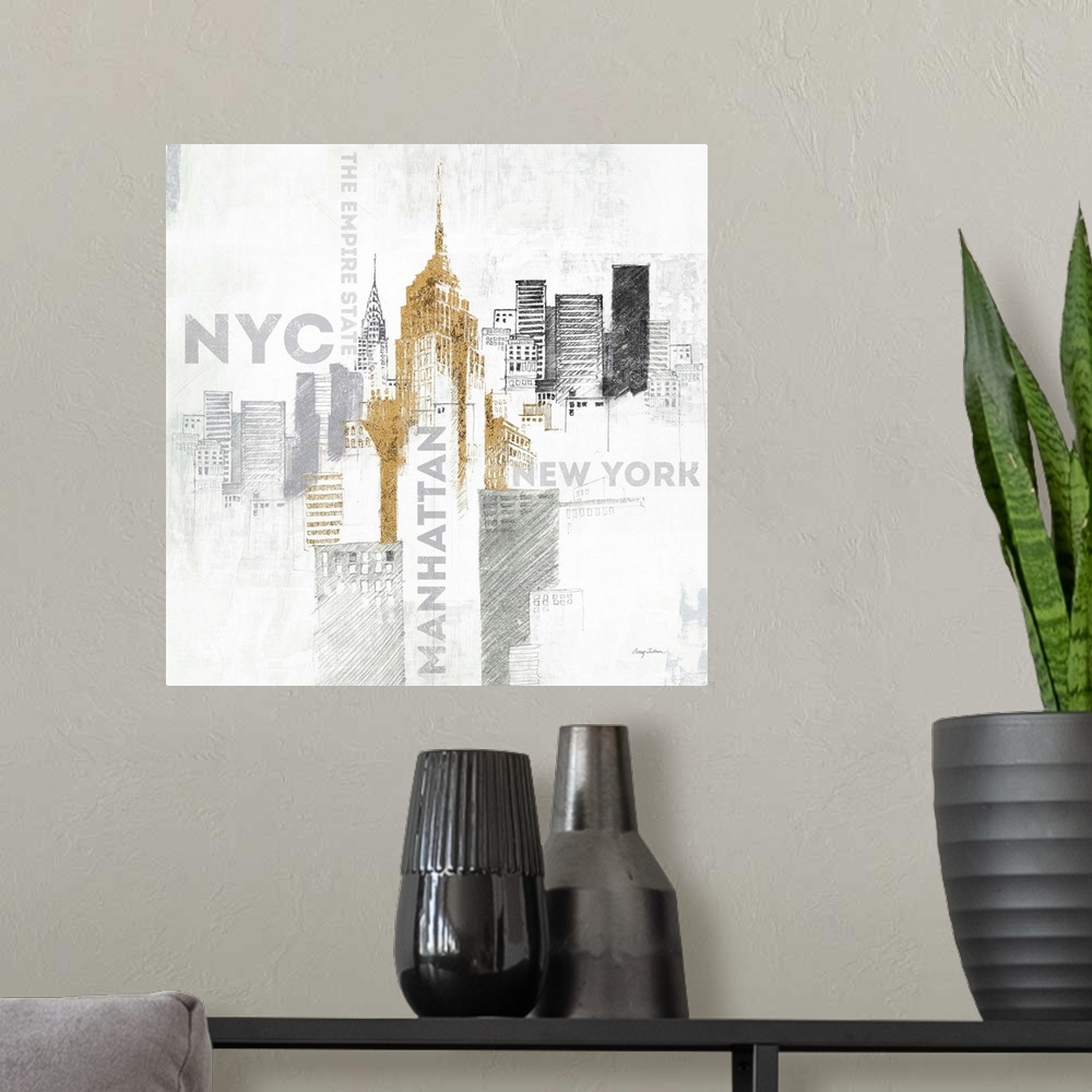 A modern room featuring Sketches of the Empire State Building and the New York skyline in metallic colors.