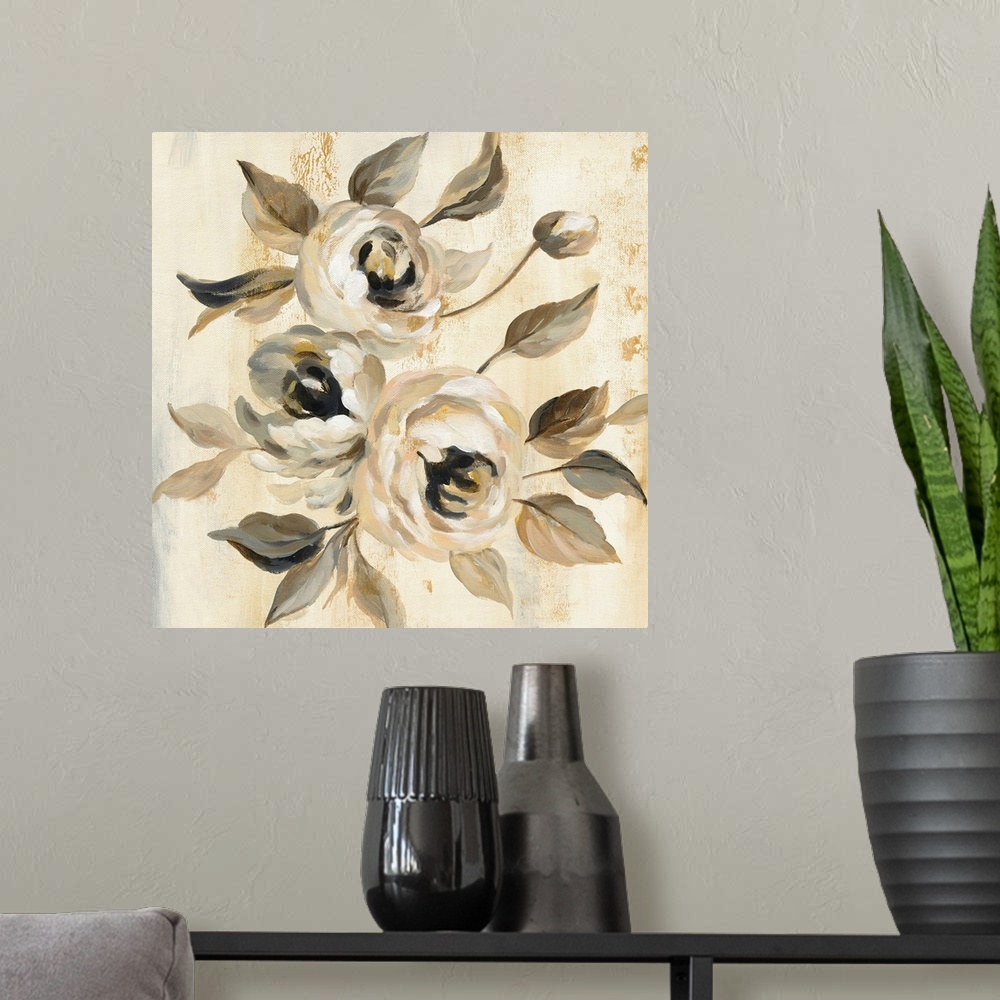 A modern room featuring Square painting of white English Roses on a beige and brown background with metallic gold markings.