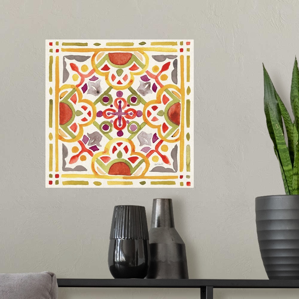 A modern room featuring Watercolor painting of a decorative tile design.