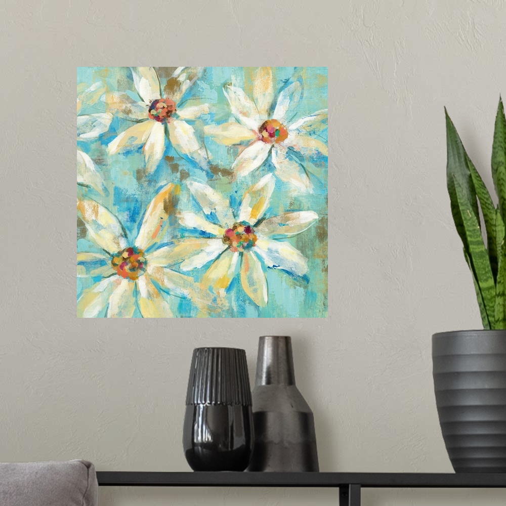 A modern room featuring Contemporary painting of white flowers against a light blue background.
