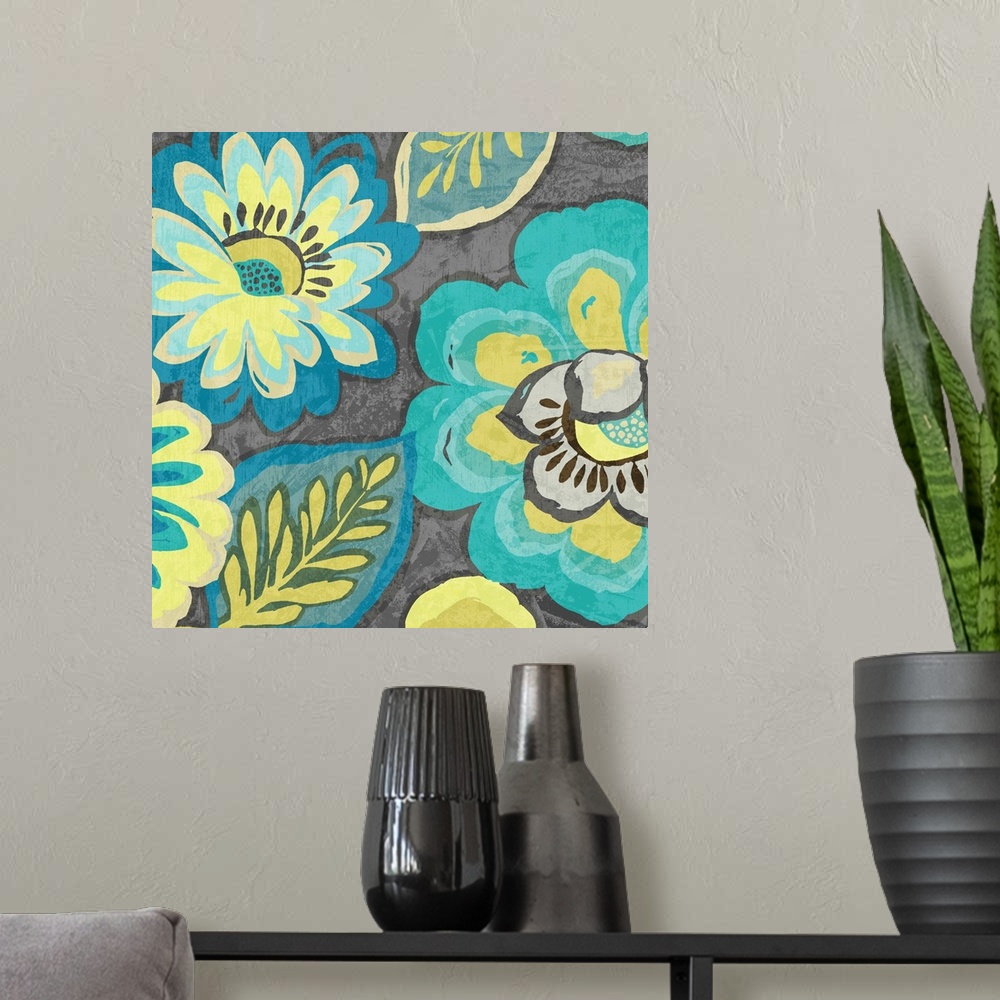 A modern room featuring A contemporary painting of brightly painted flowers against a dark gray background.