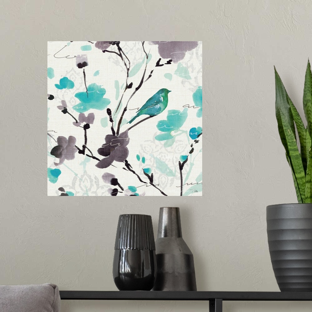 A modern room featuring Watercolor painting of a turquoise bird perched on a branch with purple and blue flowers.