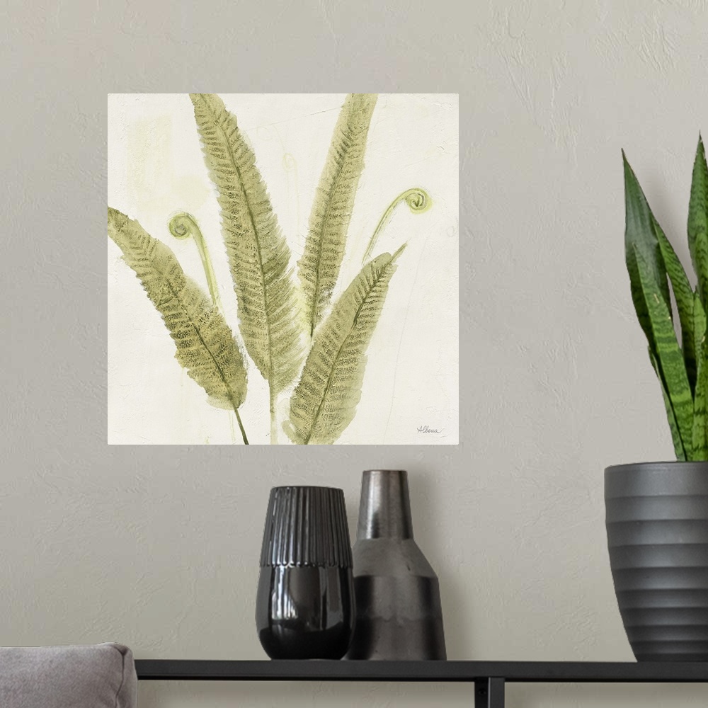 A modern room featuring Textured painting of a fern fronds on a white, square background.