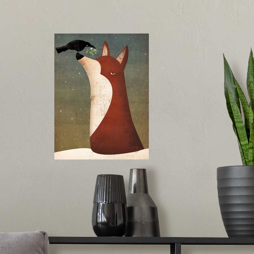 A modern room featuring Cute artwork of a fox with a crow holding mistletoe perched on its nose.