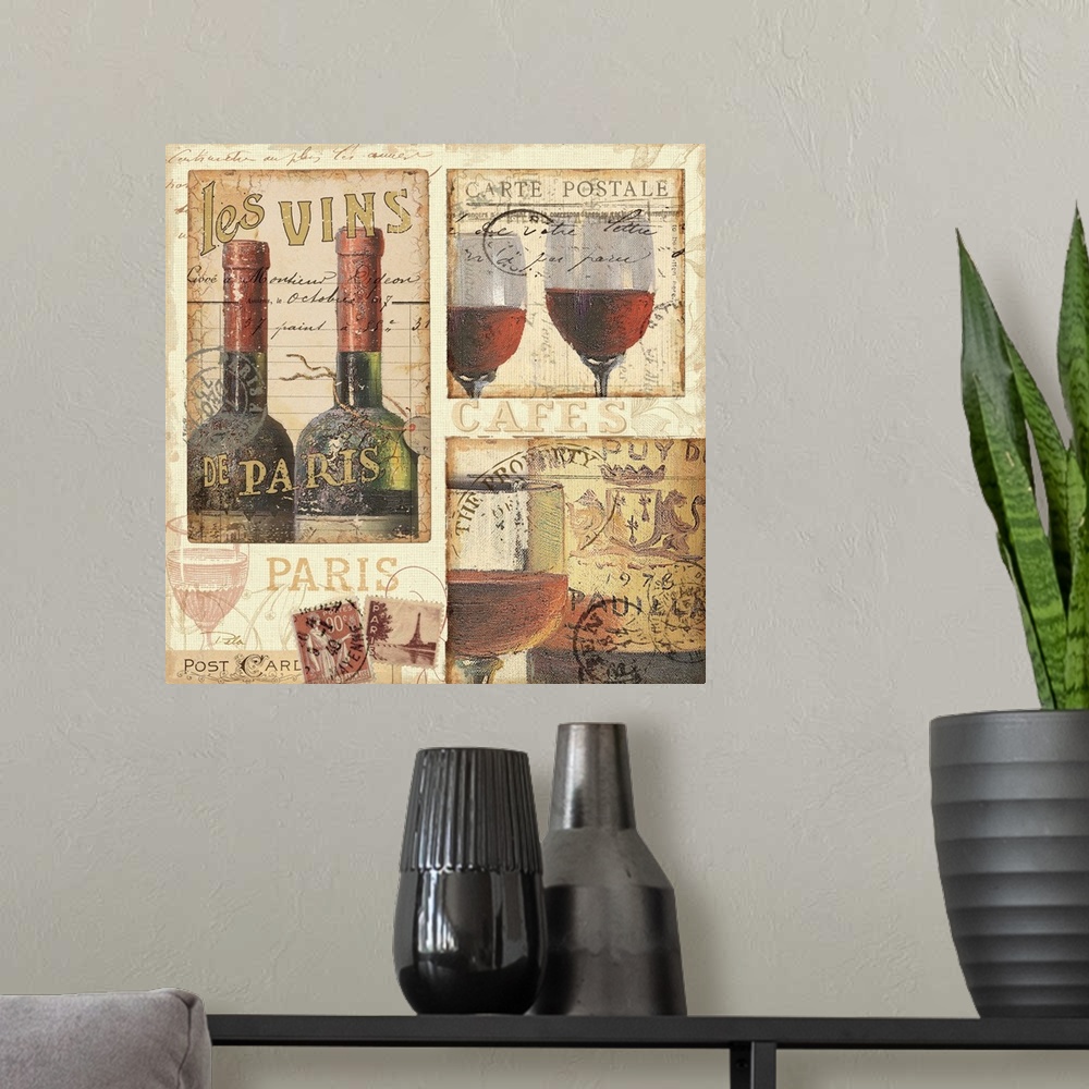 A modern room featuring Contemporary artwork of wine bottles and glasses filled with red wine, with text around the image.