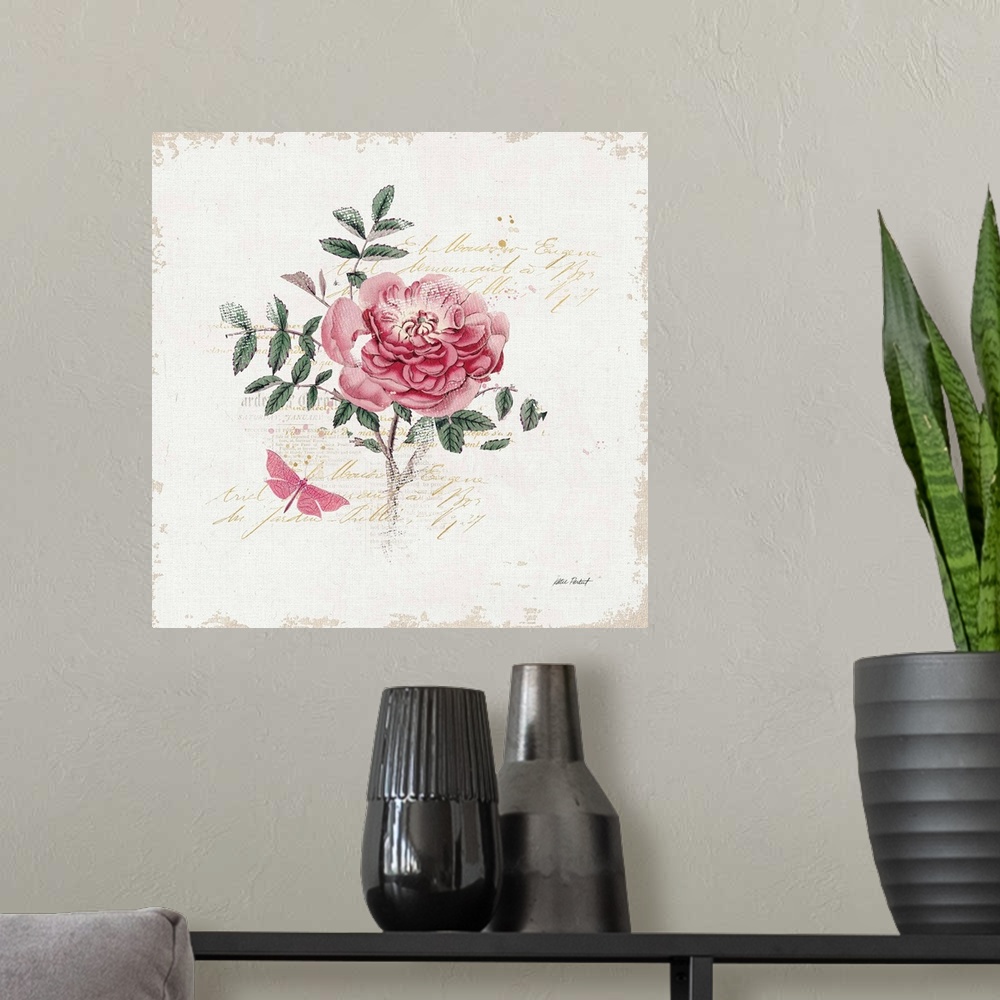 A modern room featuring Square collage with a pink rose and butterfly on a white textured background with gold handwritte...
