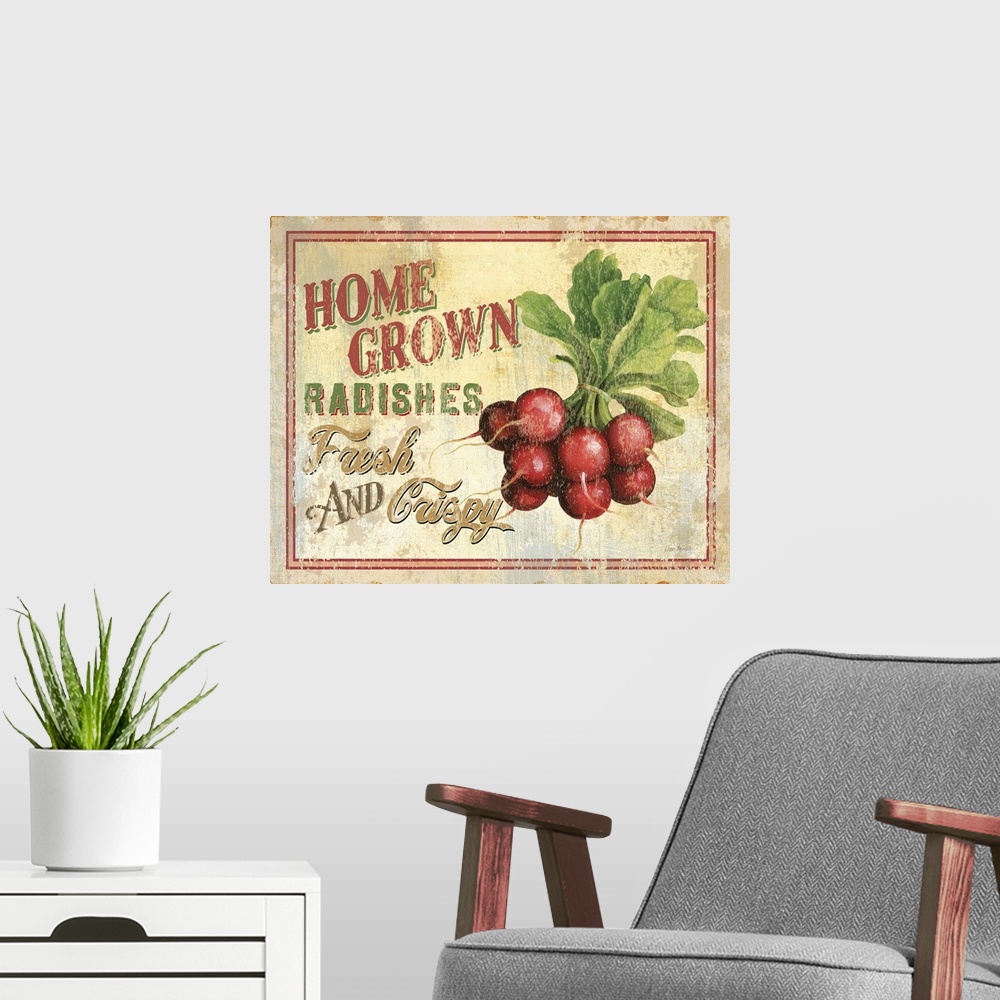 A modern room featuring Contemporary artwork of a vintage looking sign with radishes to the right of the image and text t...