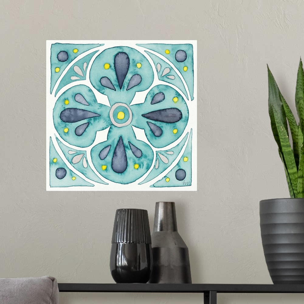 A modern room featuring Garden style watercolor tile made with shades of blue, gray, yellow, and white on a square canvas.