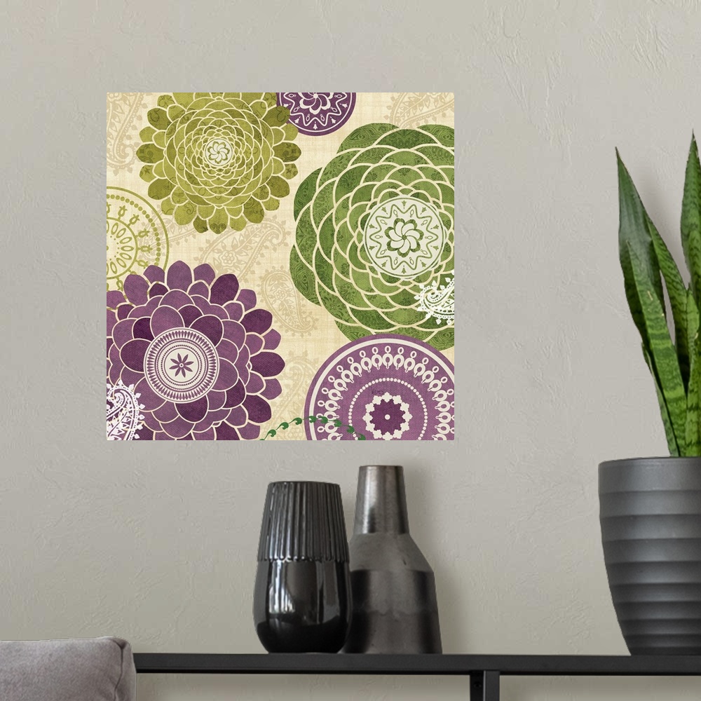 A modern room featuring Contemporary artwork of purple and green flowers hovering over a neutral toned patterned background.