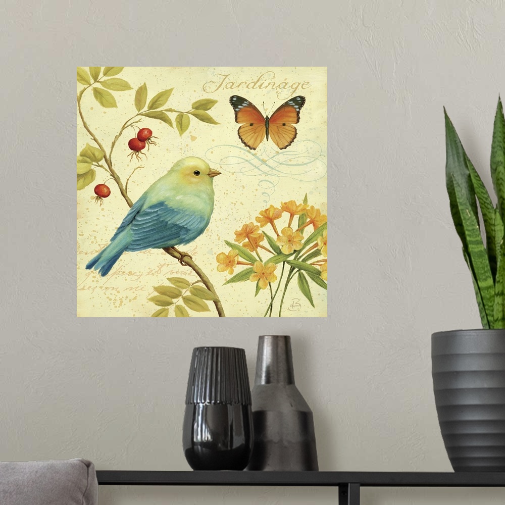 A modern room featuring Square painting on canvas of a bird sitting on a limb with a butterfly fluttering above.