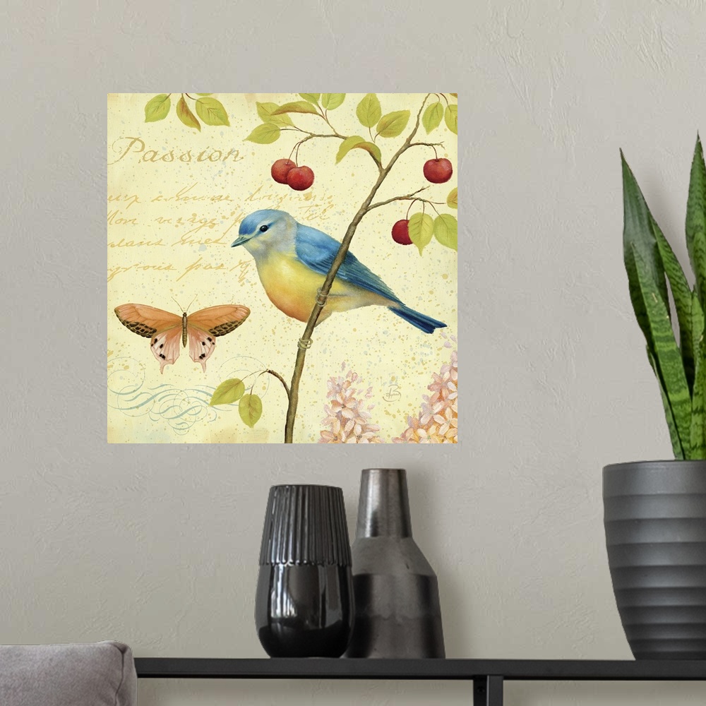 A modern room featuring Square home art decor on a large canvas of a bird perched on a thin branch of leaves and berries,...