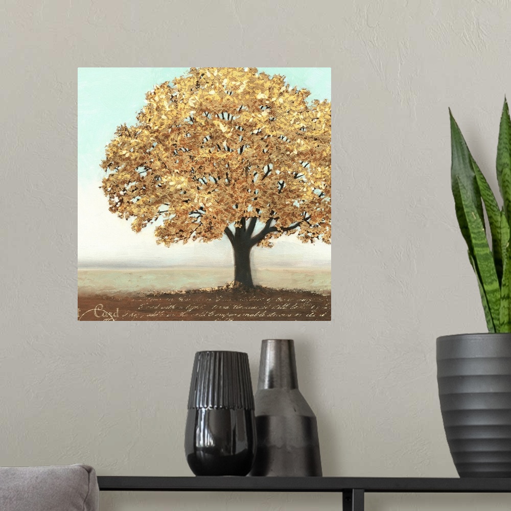 A modern room featuring Contemporary artwork of a gold leaved tree with script below it.